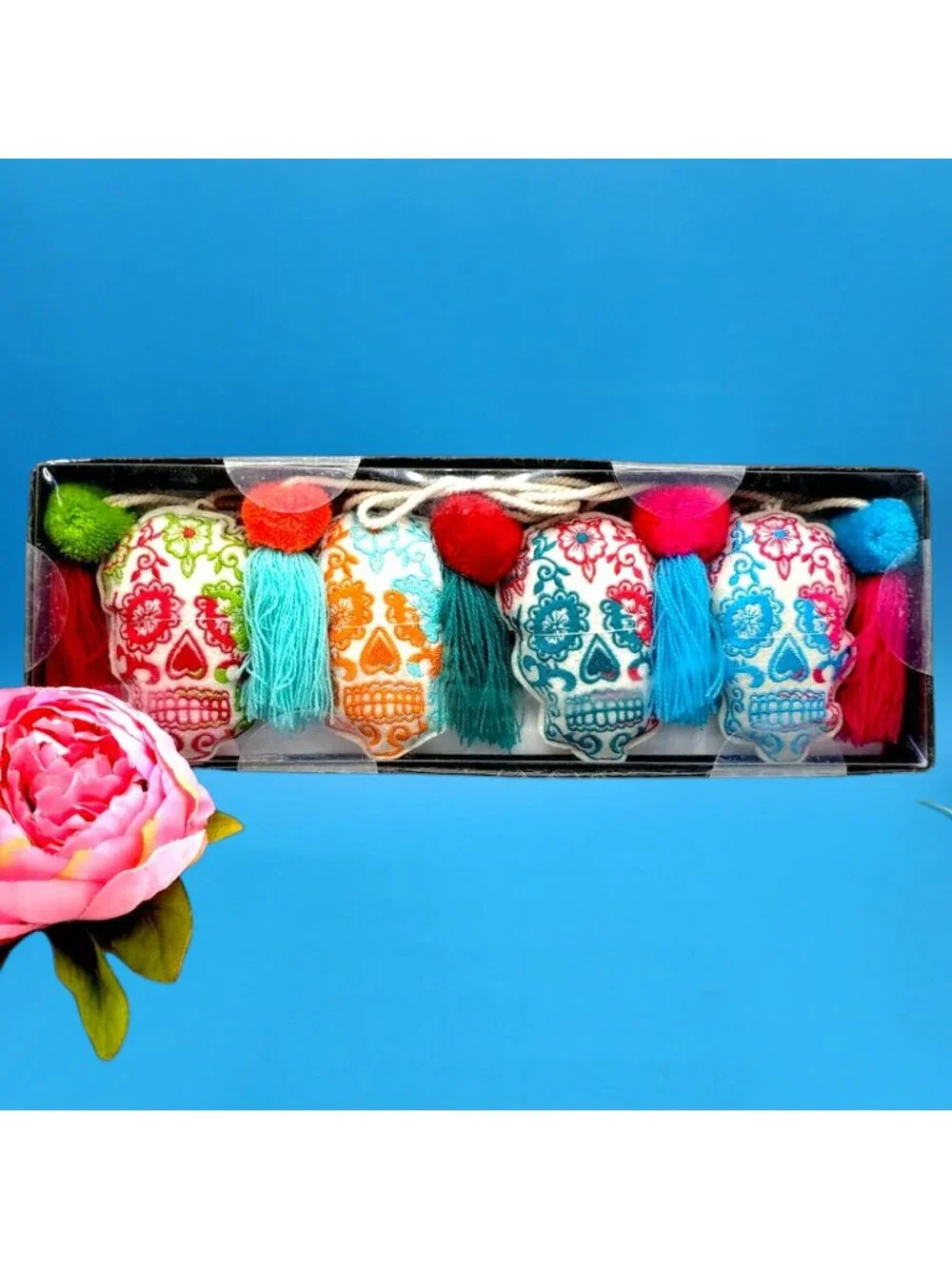 Sugar Skull Garland Day of the Dead Poms Poms Tassels Halloween Banner 7ft